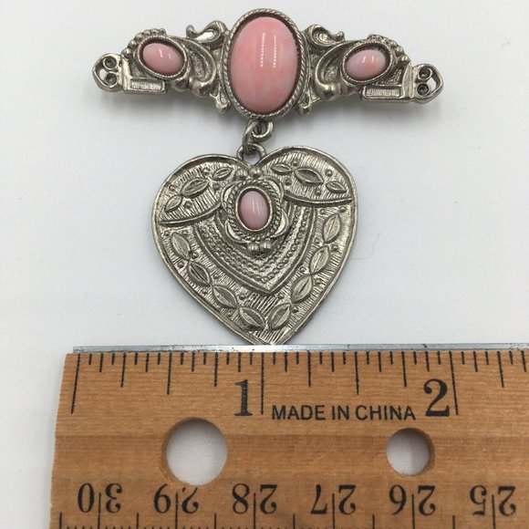 SILVER Tone Brocade Dangle Charm HEART BROOCH, Pink Plastic CABOCHON, Valentine - Picture 7 of 8
